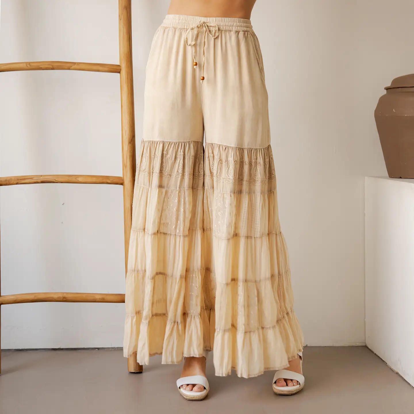 PANTS - BOHO TIERED EMB LACE -