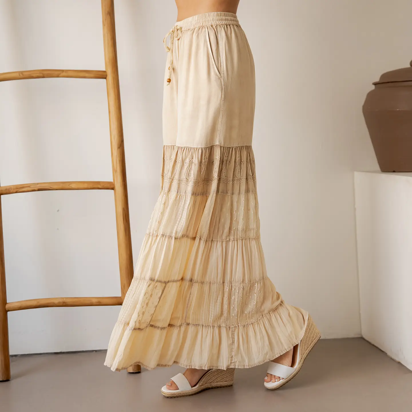 PANTS - BOHO TIERED EMB LACE -