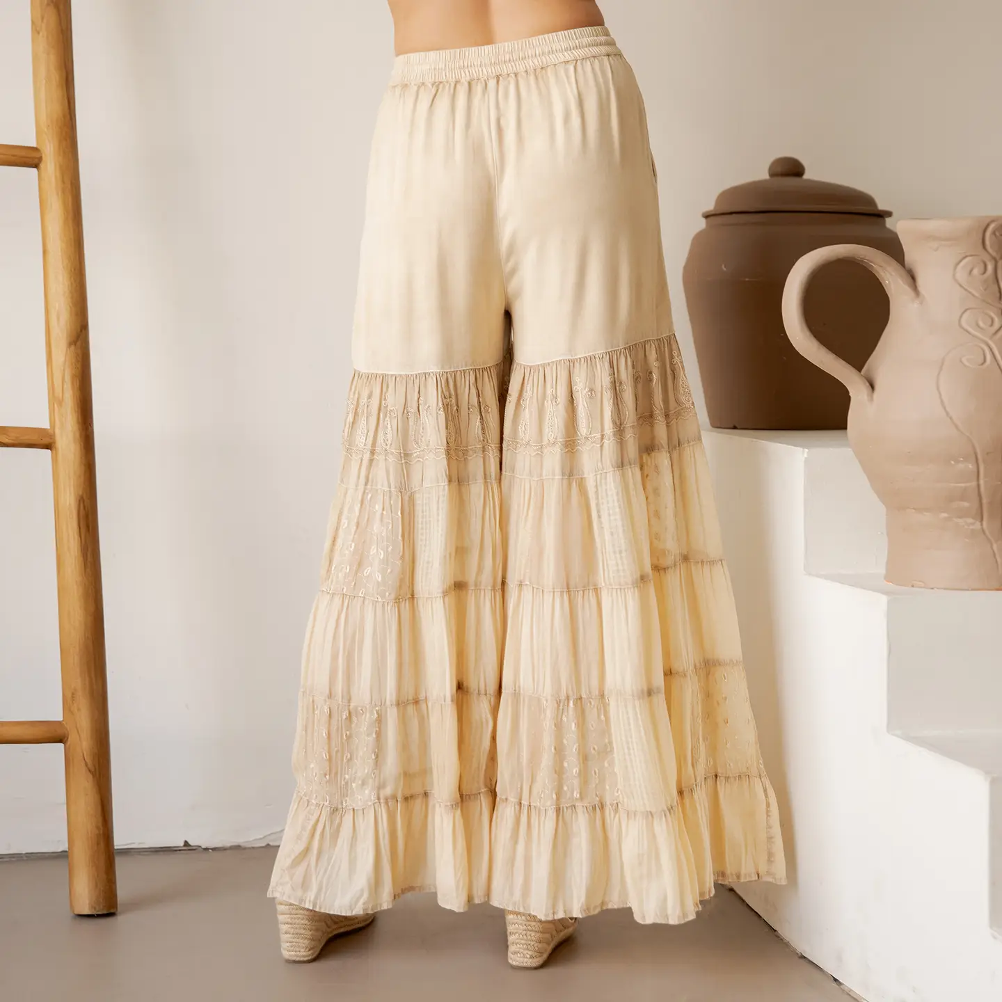 PANTS - BOHO TIERED EMB LACE -