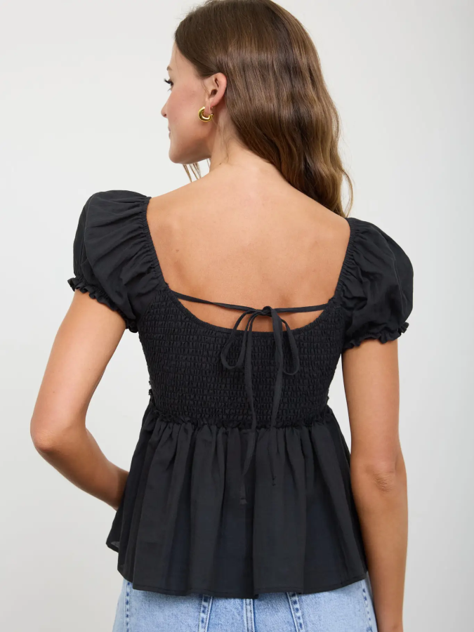 JR V NECK Top - PUFF SLEEVE BUTTON - Black