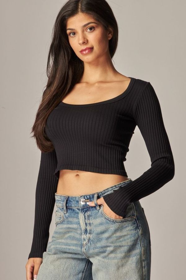 JR LONG SLEEVE Crop Top - SQUARE NECK - Black