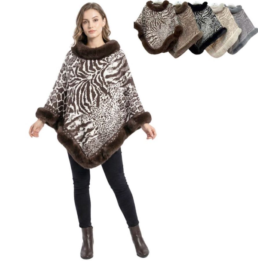 PONCHO SHAWL - FAUX FUR Along Edge - Animal Print