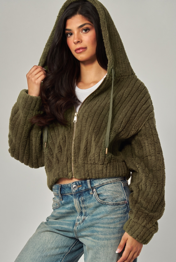 JR HOODY - ZIP UP PLUSH - Olive