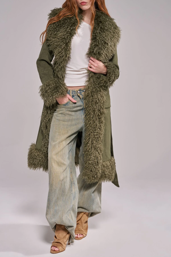 Jacket - FUR TRIM LONG - Olive