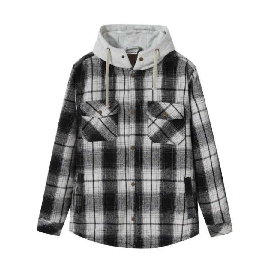 Men's FLANNEL SHERPA Jacket- BLACK WHITE - Lt Grey Hood