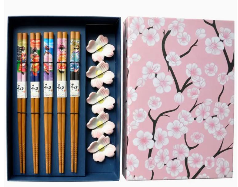CHOPSTICKS - 5 PAIR CHERRY Blossom 2- Pink White Flower