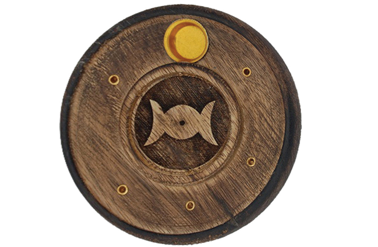 Triple Moon Round Mango Wood Disc Incense Holder
