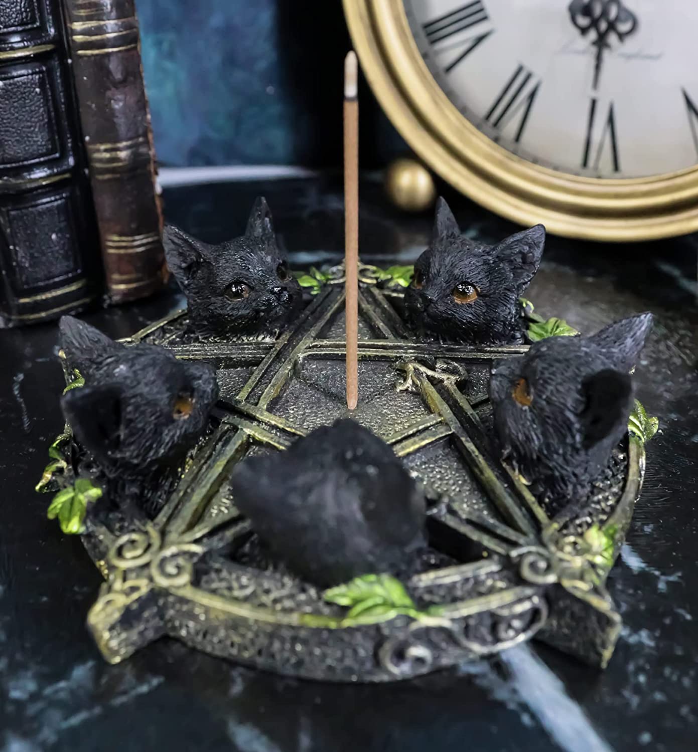 Incense Burner - Celtic Wiccan Pentagram Ivy Black Cats Witching Hour-hotRAGS.com