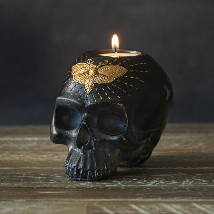Black Skull with Gold Inlay Moth Candle Holder-hotRAGS.com