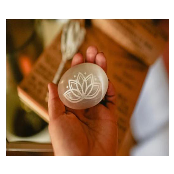 Crystal - Etched Selenite Meditation Palm stone "Lotus Bloom"-hotRAGS.com