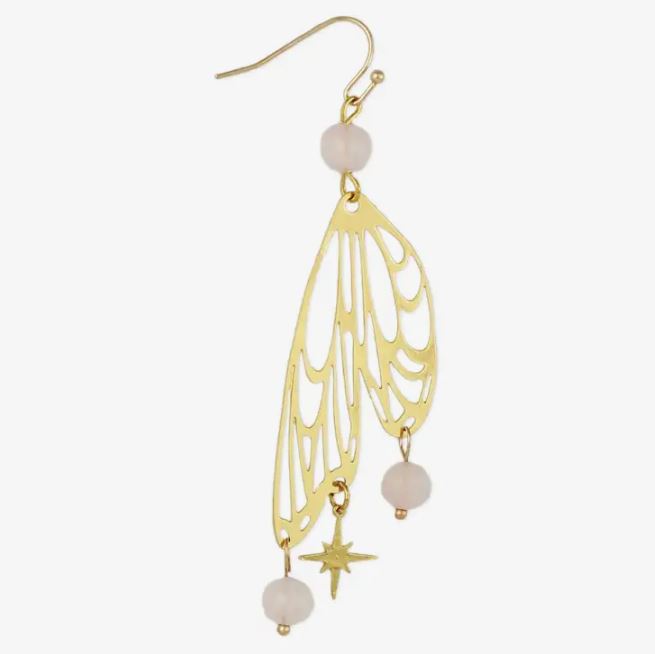 Rose Quartz Bead Butterfly Wing Earrings-hotRAGS.com