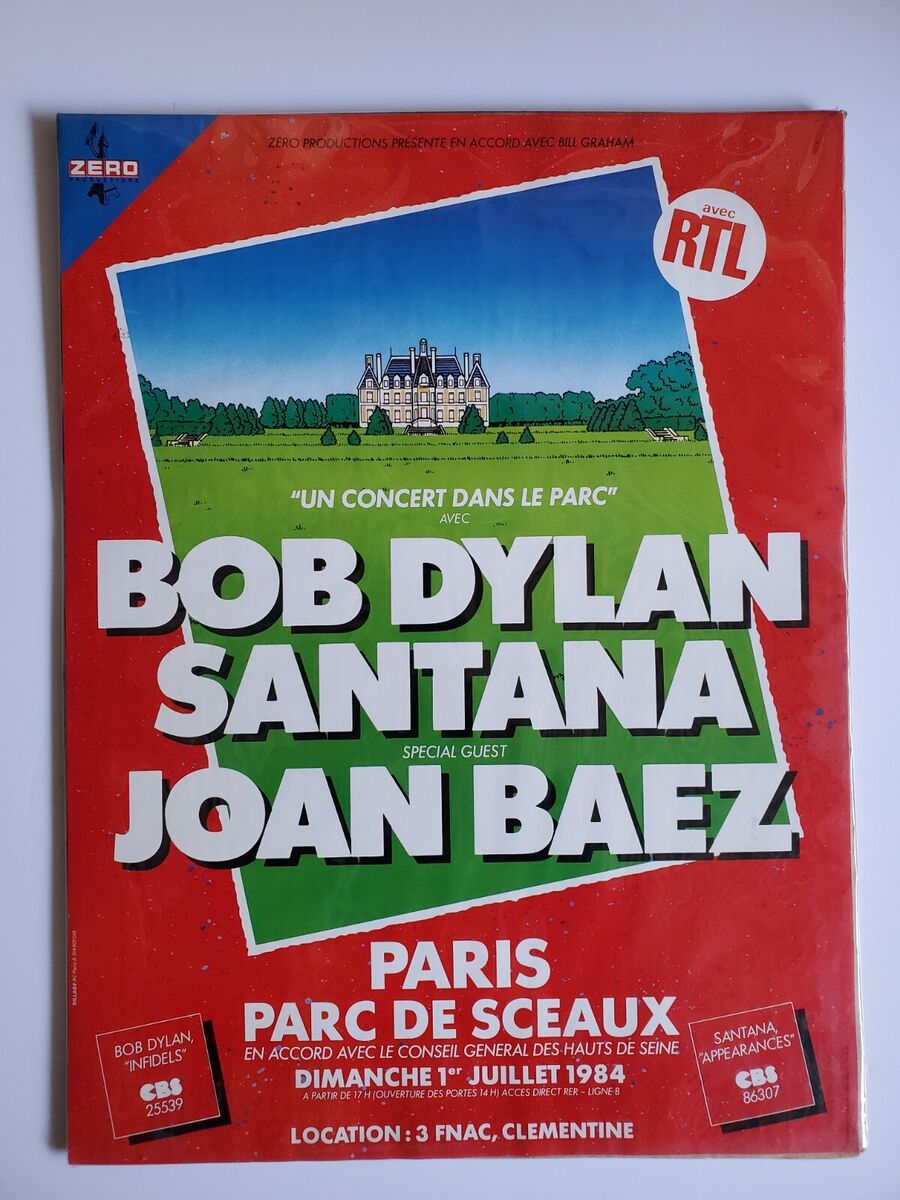 Bob Dylan, Santana, Joan Baez 1984 Concert Poster Paris France Parc De Sceaux-hotRAGS.com