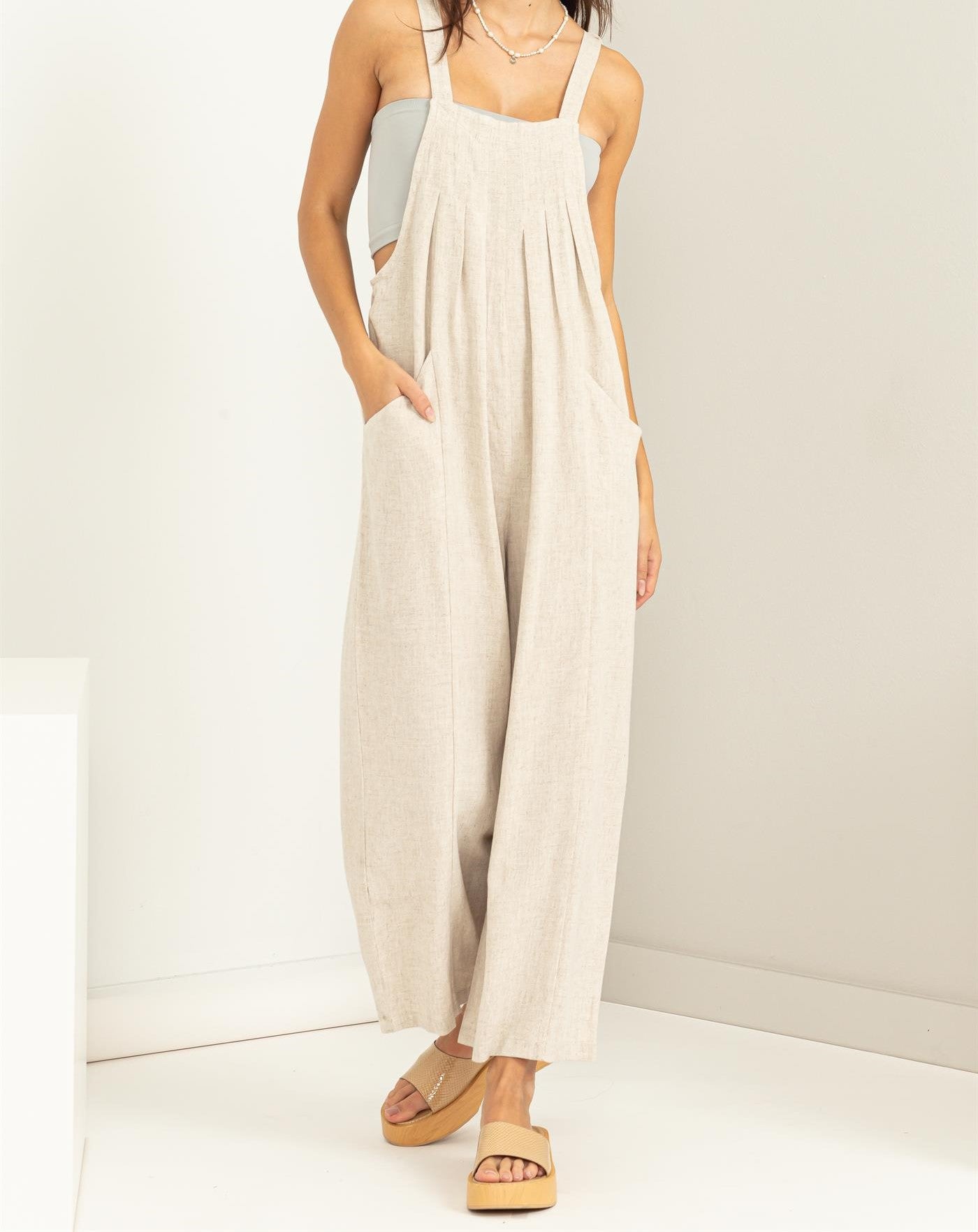Overall - Tie Strap Jumpsuit - Beige-hotRAGS.com