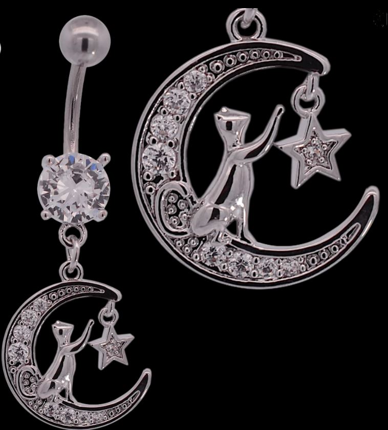 Stainless Steel Dangling Moon with Cat and Star and Multi Zircon Belly Ring-hotRAGS.com
