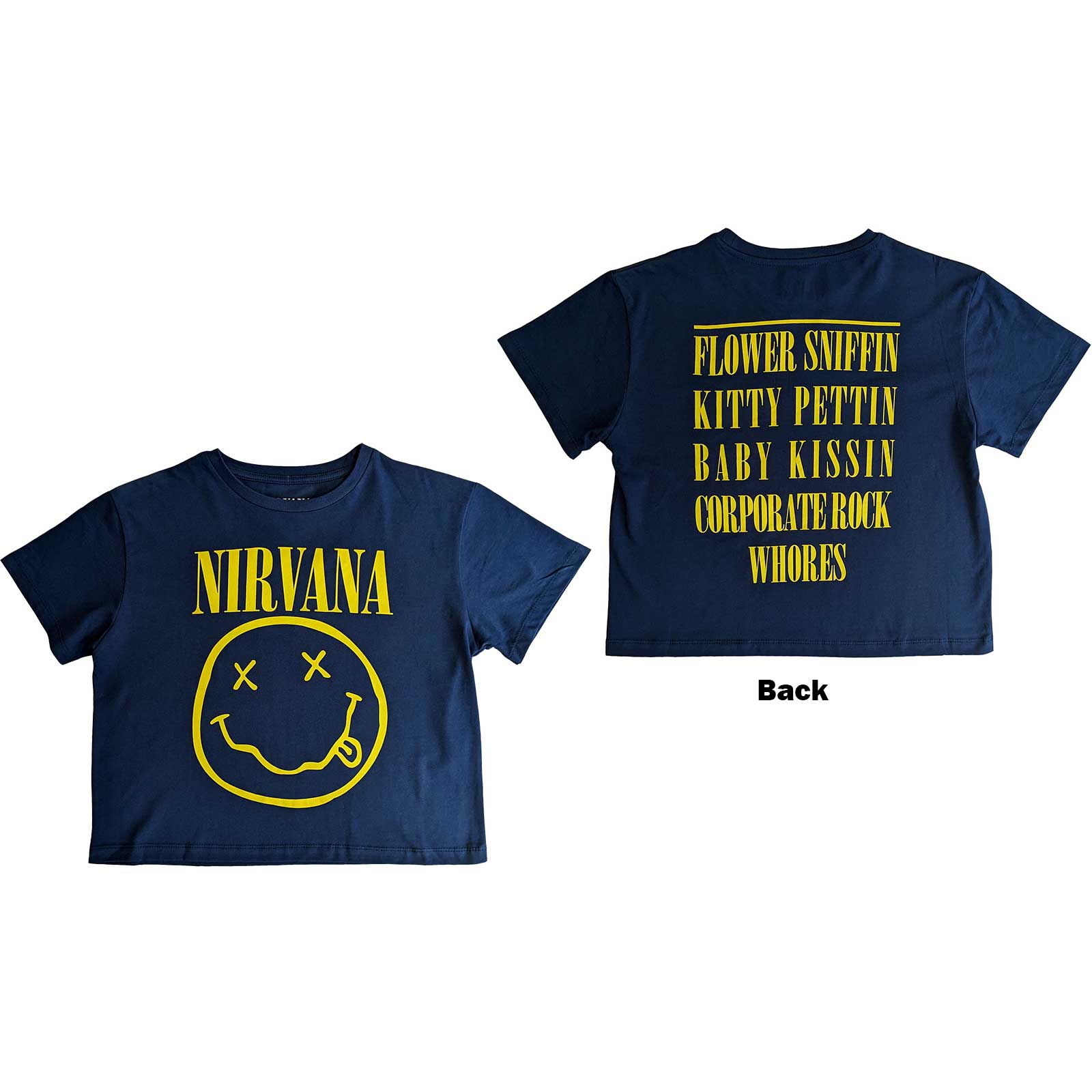 Nirvana Ladies Crop Top: Yellow Smiley Flower Sniffin (back Print)-hotRAGS.com