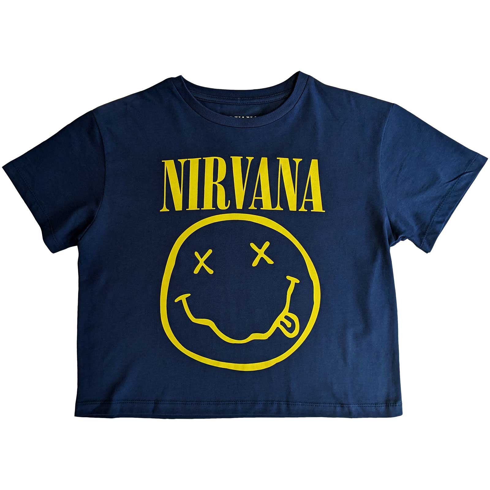 Nirvana Ladies Crop Top: Yellow Smiley Flower Sniffin (back Print)-hotRAGS.com