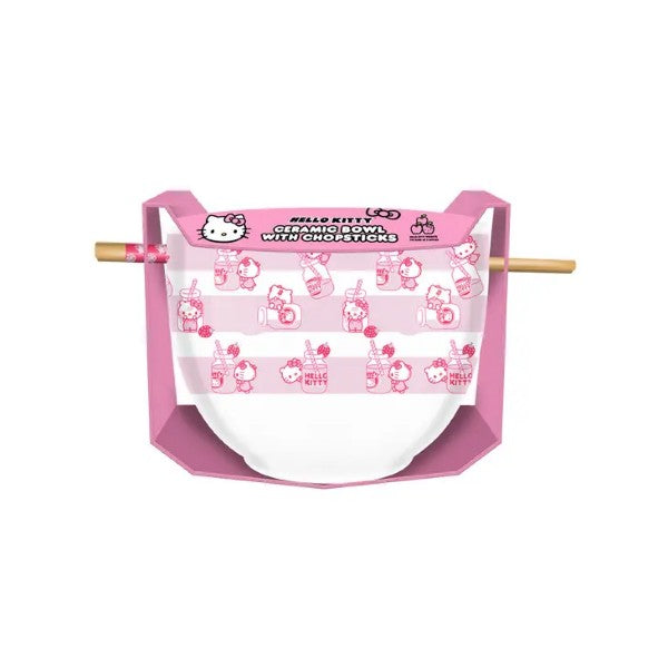 Ramen Bowl - Hello Kitty Strawbery Milk Ramen Saimin Rice Bowl with Chopsticks-hotRAGS.com