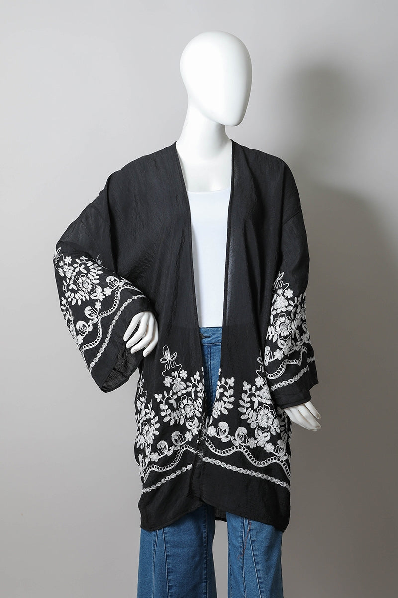 Embroidered Floral Vine Lightweight Kimono - Black-hotRAGS.com