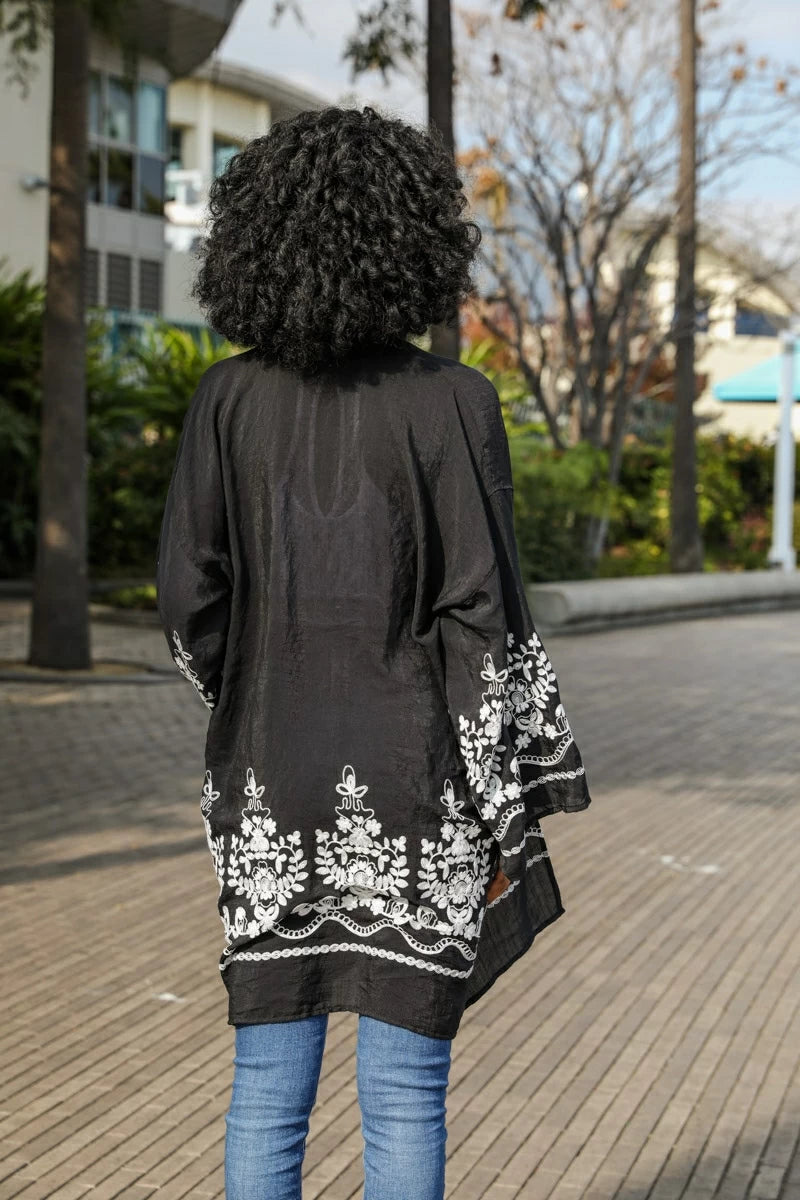 Embroidered Floral Vine Lightweight Kimono - Black-hotRAGS.com