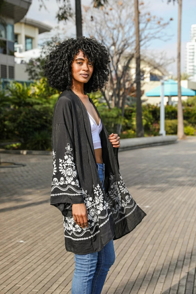 Embroidered Floral Vine Lightweight Kimono - Black-hotRAGS.com