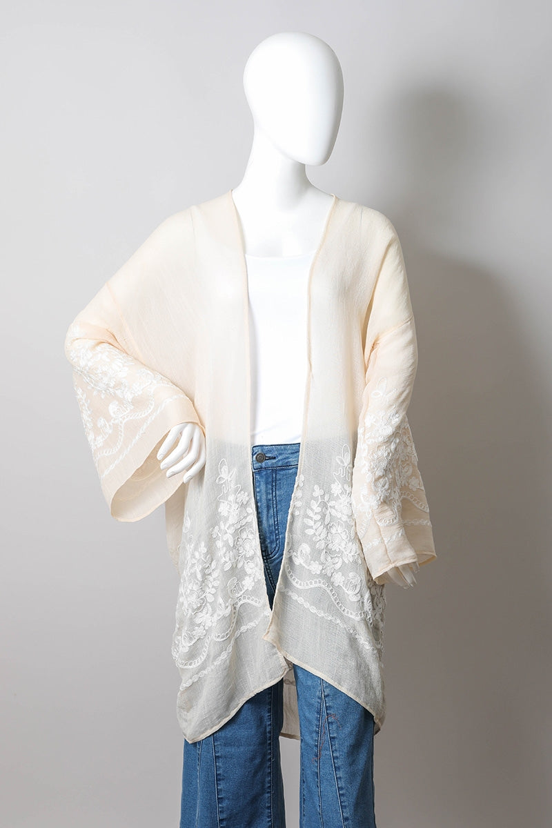 Embroidered Floral Vine Lightweight Kimono -Cream-hotRAGS.com