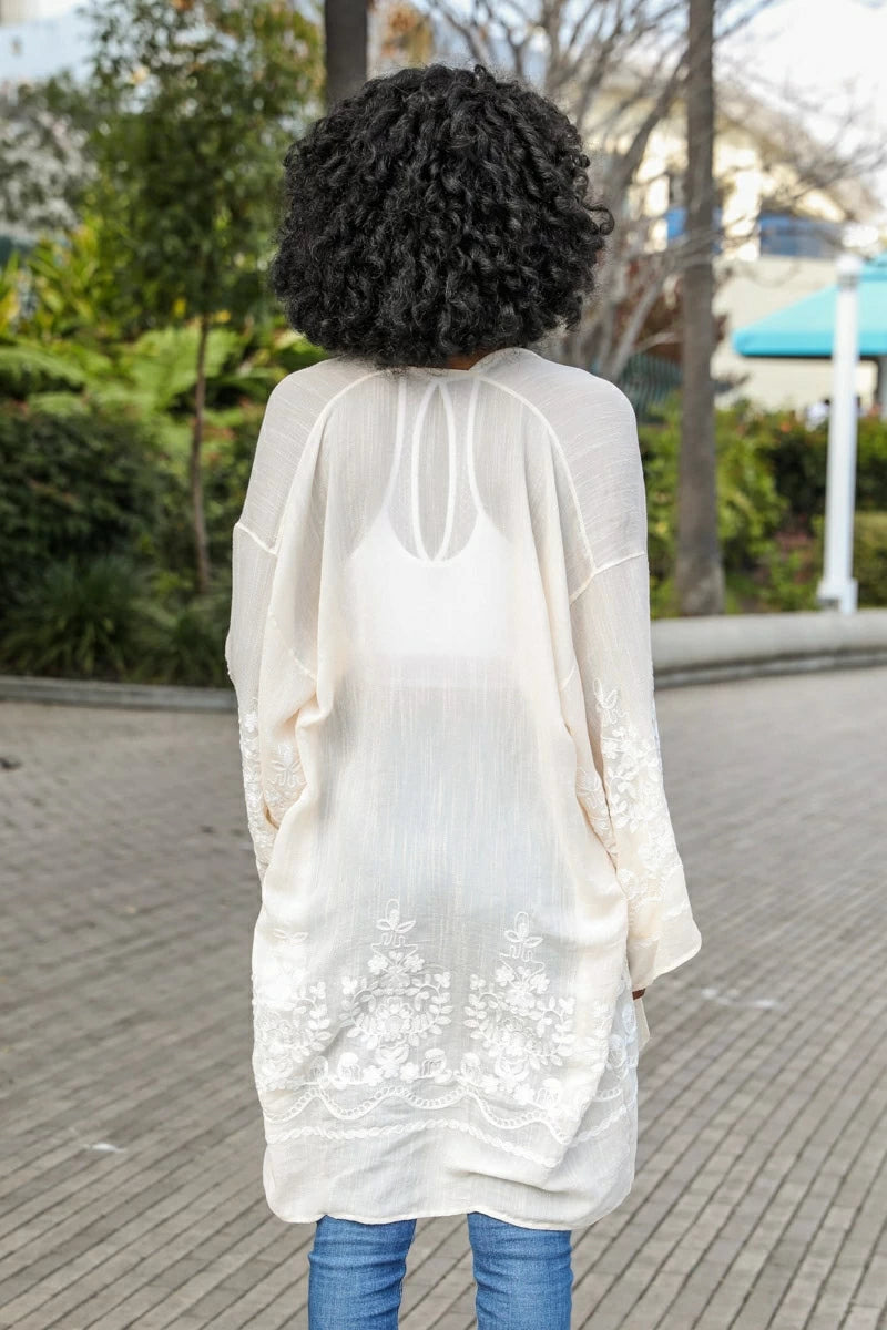 Embroidered Floral Vine Lightweight Kimono -Cream-hotRAGS.com