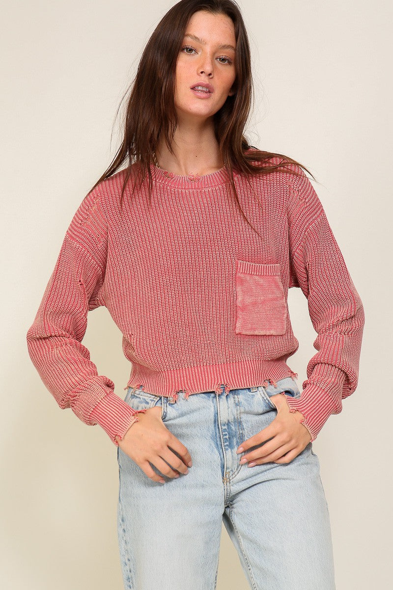 Sweater Crop - Distress Pocket- Rose-hotRAGS.com