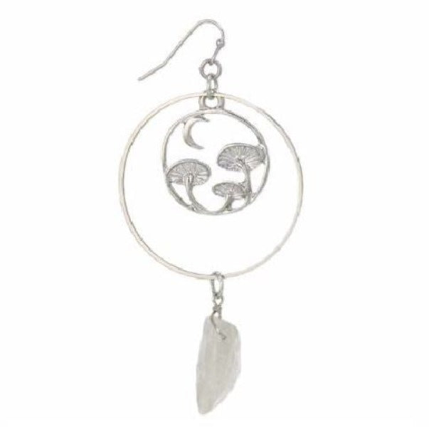 Earrings - Quartz Drop Silver Mushroom Circle Earrings-hotRAGS.com