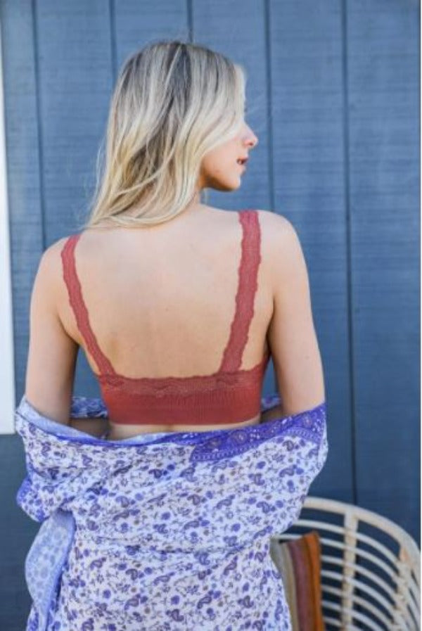 Lace Trim Padded Bralette - Rust-hotRAGS.com