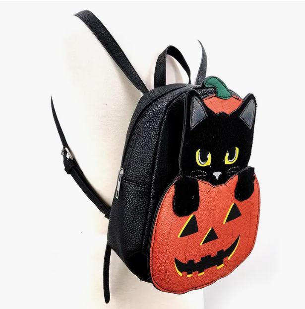 Mini Backpack - Furry Black Cat in Pumpkin Mini Backpack in Vinyl-hotRAGS.com