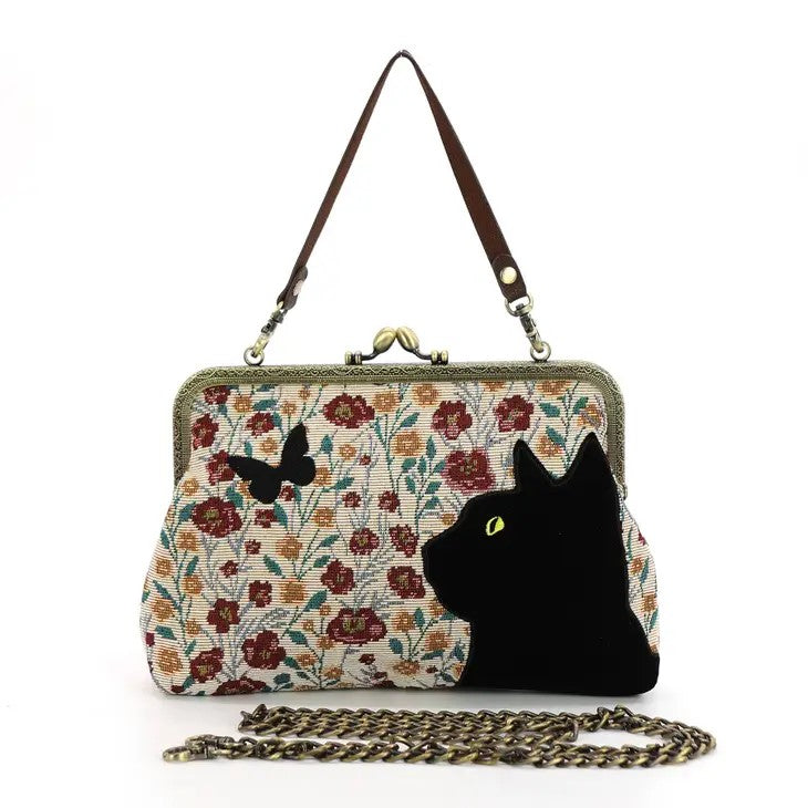 Bag - Floral Black Cat Kiss Lock Bag In Cotton Fabric-hotRAGS.com