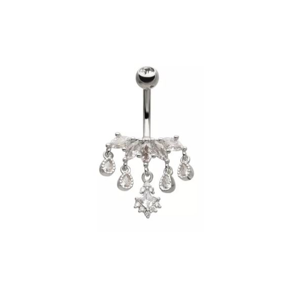 Belly Ring - 5-Cluster Pronged Marquise Clear CZ with 5 Dangle Gems - Silver-hotRAGS.com