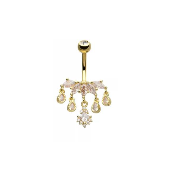 Belly Ring - 5-Cluster Pronged Marquise Clear CZ with 5 Dangle Gems - Gold-hotRAGS.com