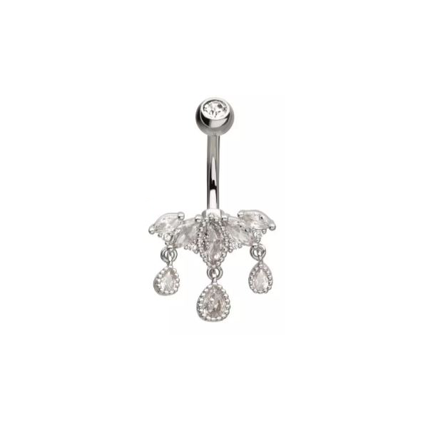 Belly Ring -5-Cluster Pronged Marquise Clear CZ with 3 Dangle Teardrop Pear Shape Gems - Silver-hotRAGS.com