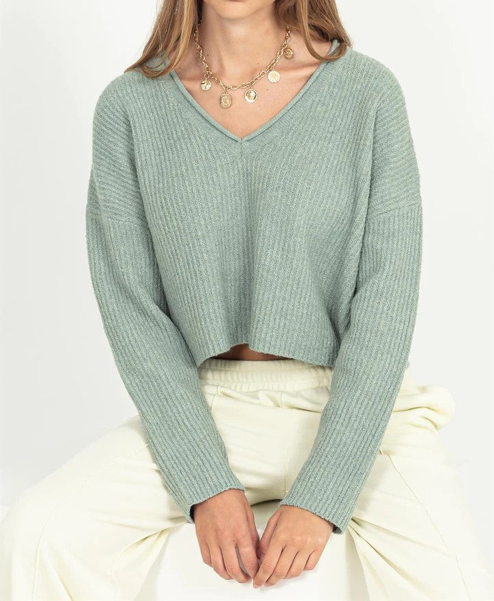 Sweater - Crop V Neck Ribbed - Green-hotRAGS.com