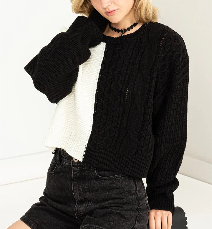 Sweater - Colorblock Cable Knit - Black-hotRAGS.com