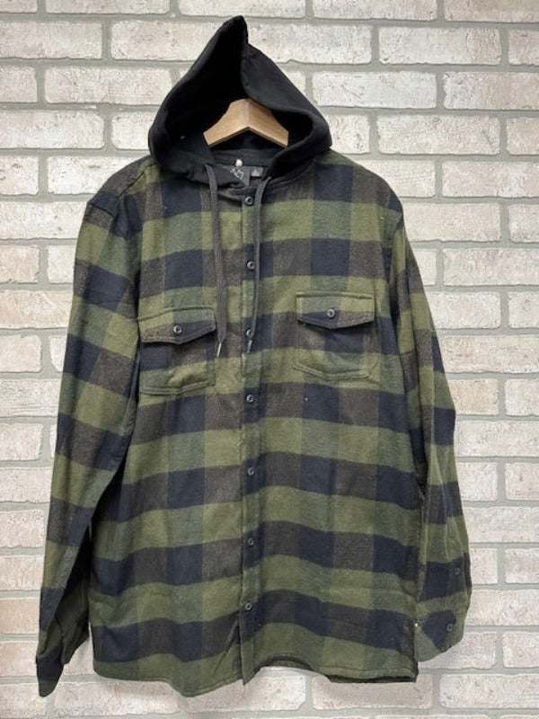 Shirt - Flannel With Hood - Army Green-hotRAGS.com