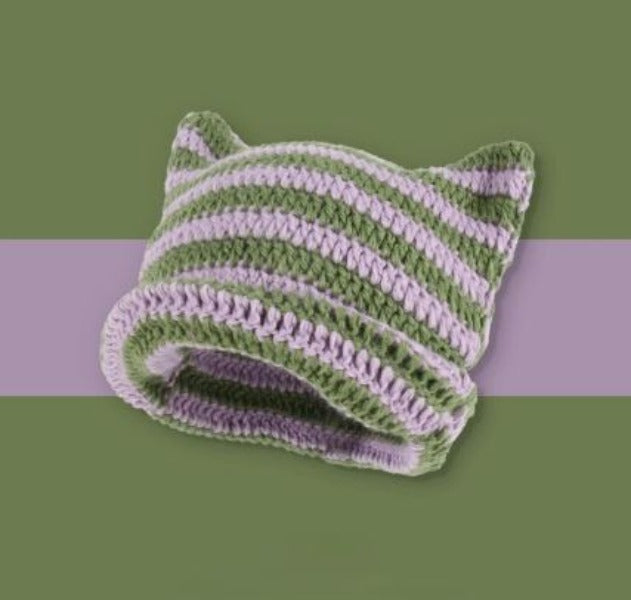 Beanie - Cat Ears Striped - Green-hotRAGS.com