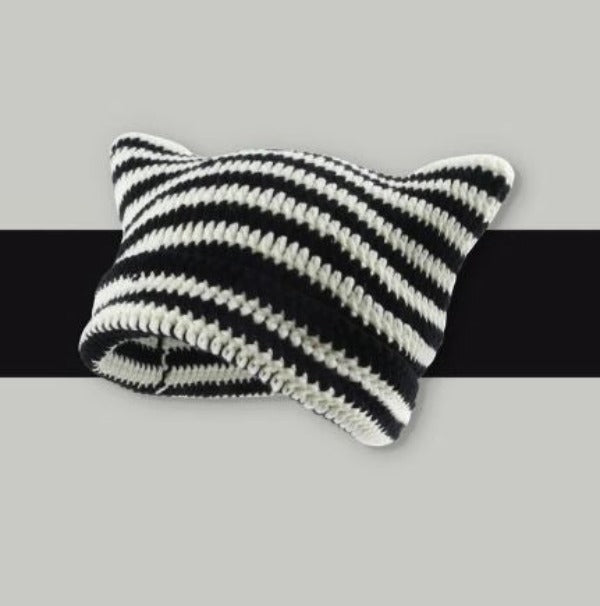 Beanie - Cat Ears Striped - Black-hotRAGS.com