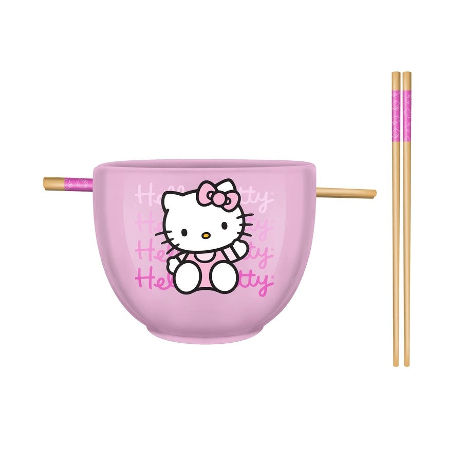 Ramen Bowl - Hello Kitty Waving Pink Ceramic Bowl with Chopsticks - 20 oz.-hotRAGS.com