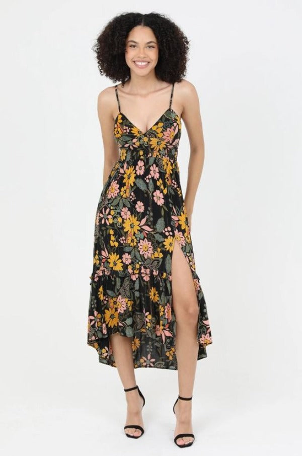DRESS - V Neck Lace Up Back Slit Skirt Mid Length Dress-hotRAGS.com