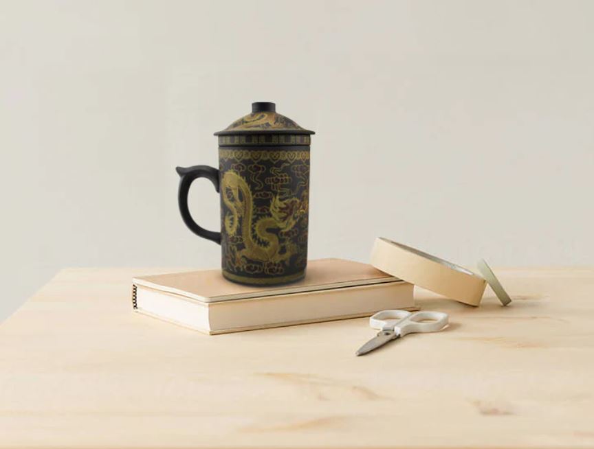 Mug - Yi Xing Clay Strainer Mug With Gold Dragon (Brown)-hotRAGS.com