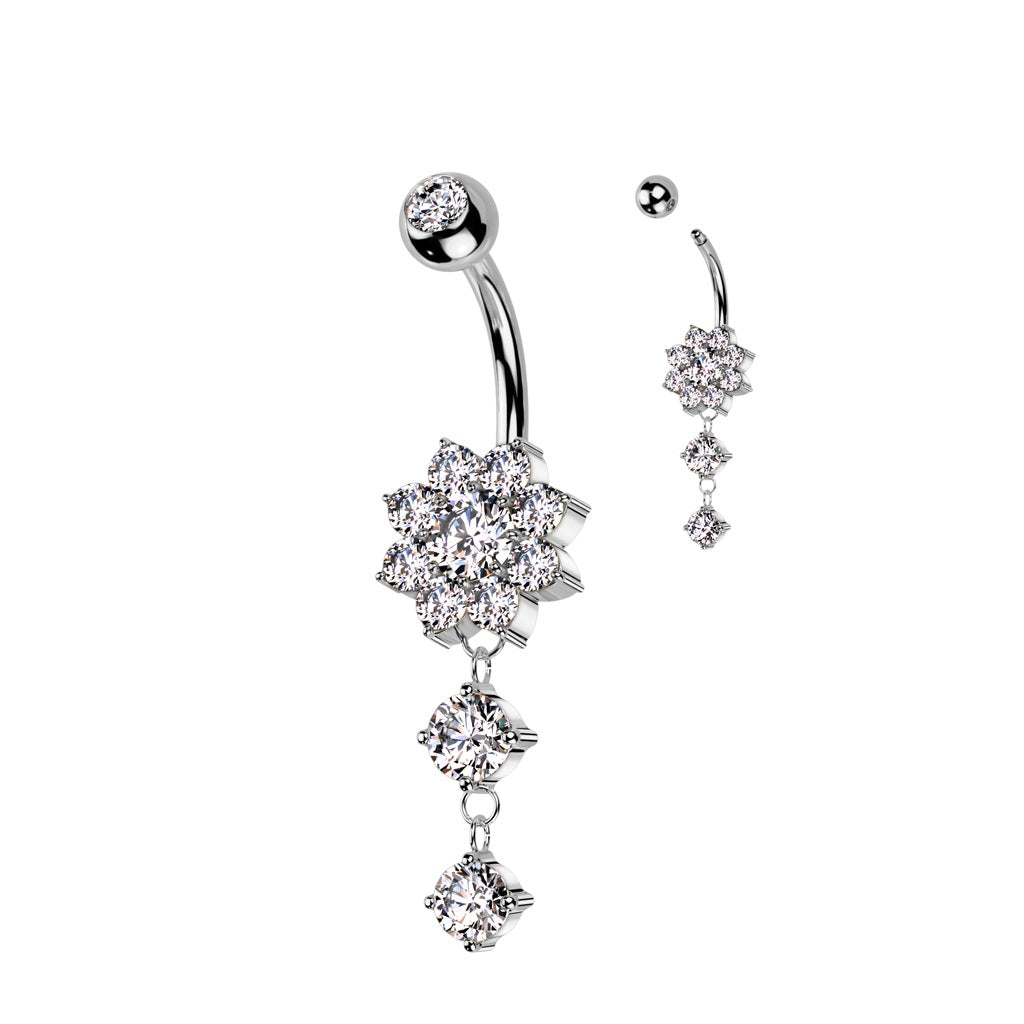Belly Ring - Double Flower Cubic Zirconia - Silver-hotRAGS.com