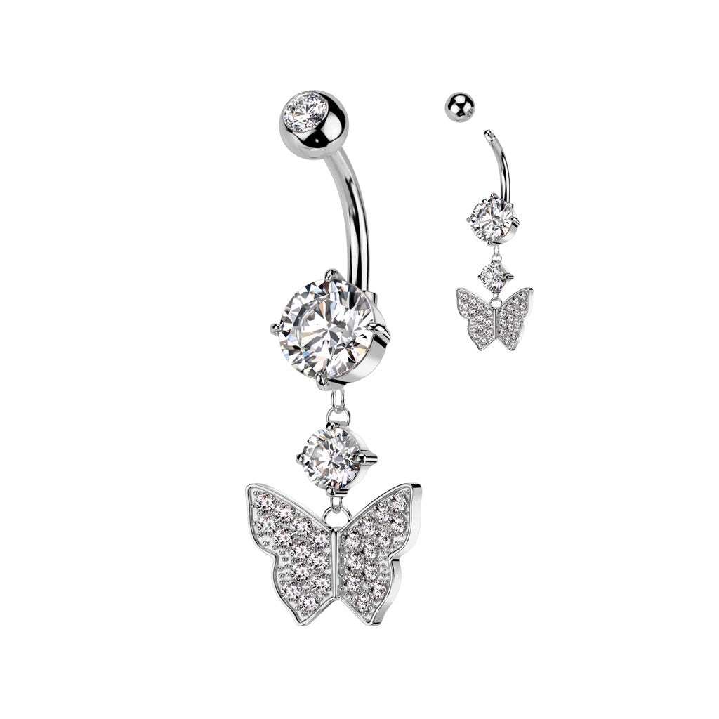 Belly Ring - Butterfly Paved Cubic Zirconia - Silver-hotRAGS.com