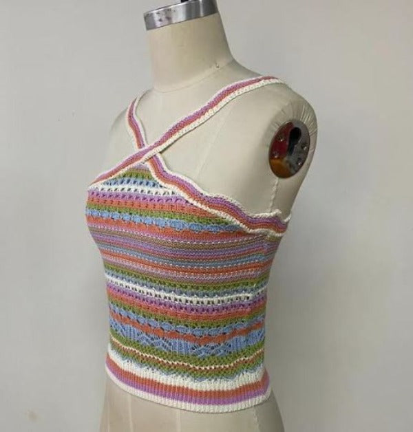 Jr Tank Top - Pink - Multi Criss Cross Striped Crochet Halter Top