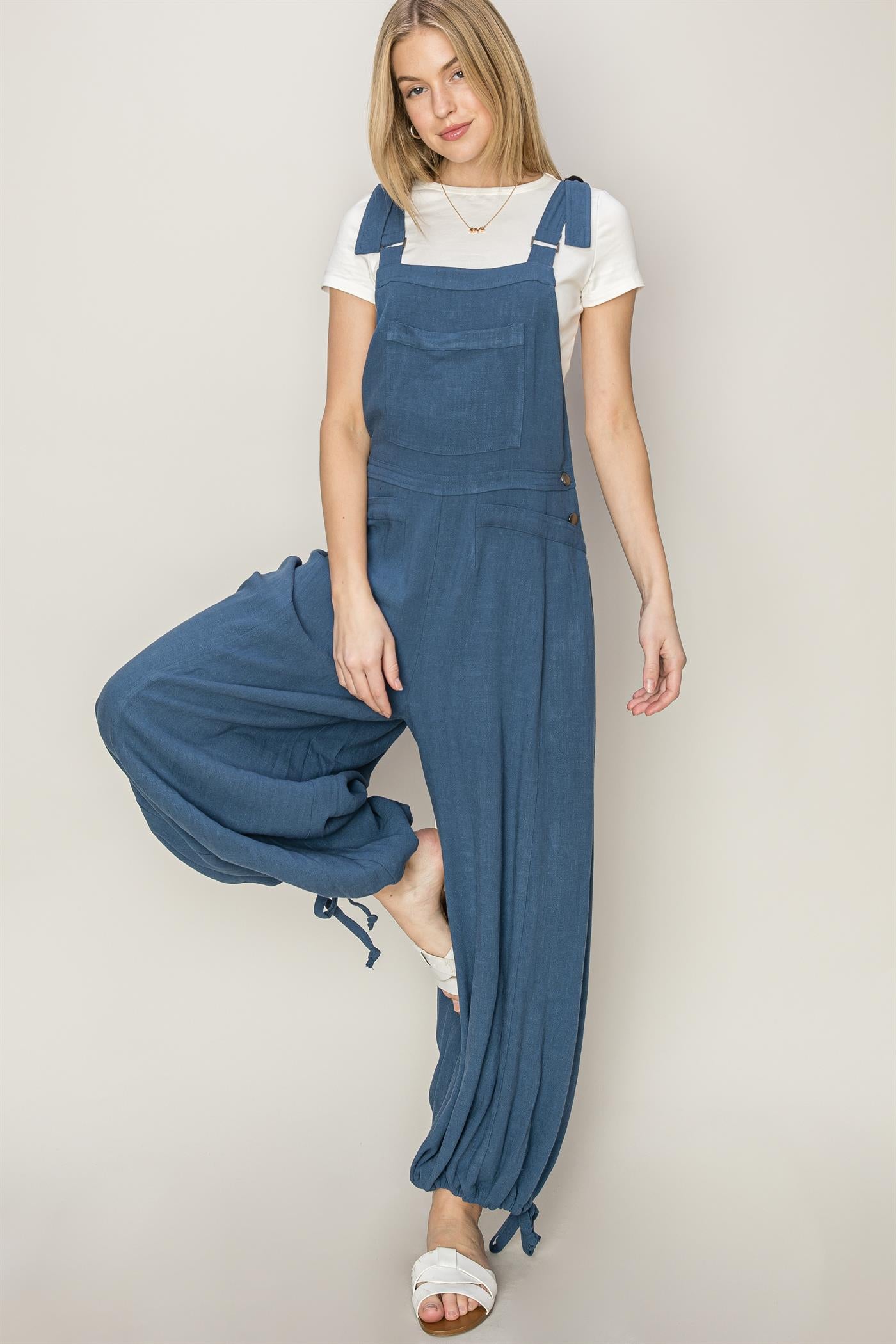 Overalls - Jumpsuit Woven With Drawstring Hems - Blue-hotRAGS.com