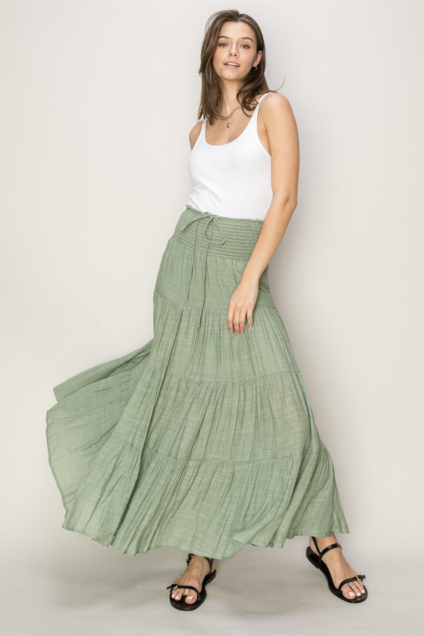 Skirt - Maxi Tiered - Olive-hotRAGS.com