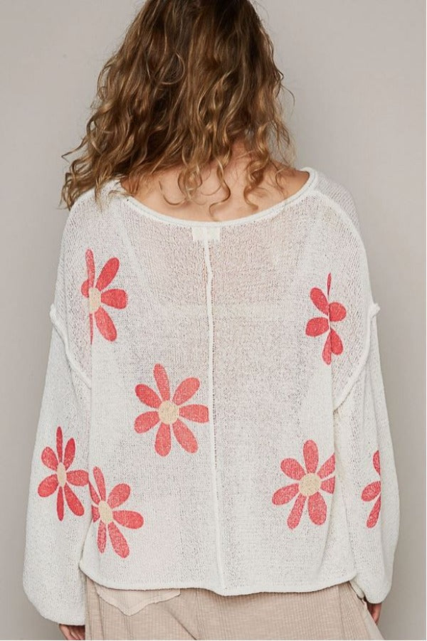 Jr Top - Long Sleeve Daisy - Ivory/Red-hotRAGS.com