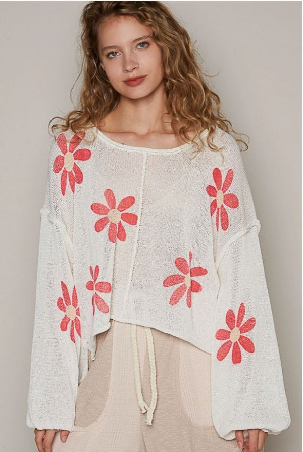 Jr Top - Long Sleeve Daisy - Ivory/Red-hotRAGS.com