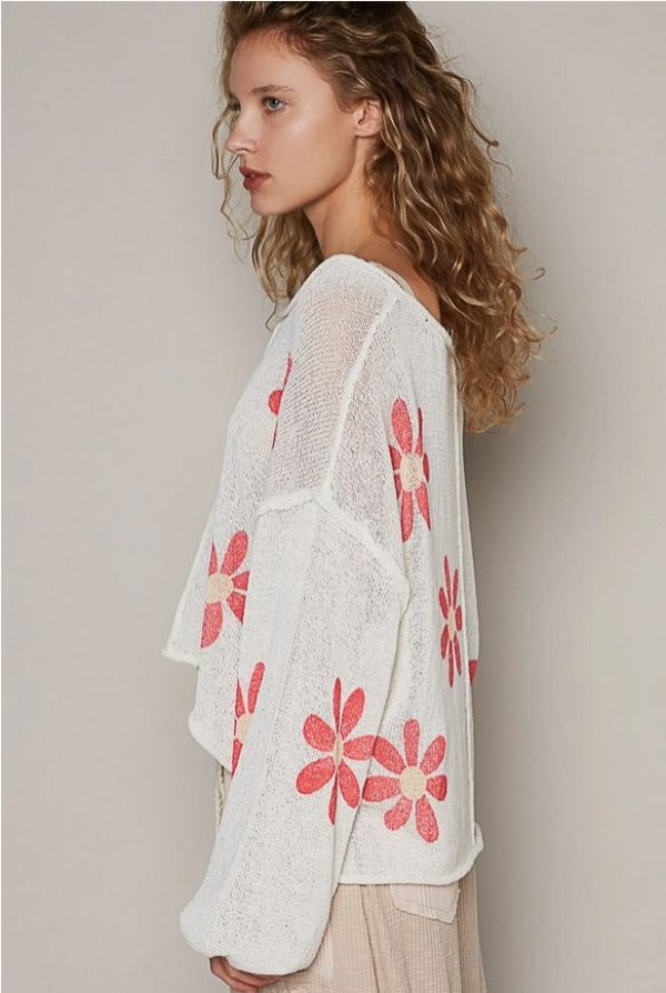 Jr Top - Long Sleeve Daisy - Ivory/Red-hotRAGS.com